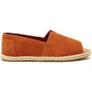TOMS ALPARGATA SUEDE OPEN TOE FLAT ESPADRILLE SHOE IN COGNAC SIZE 10